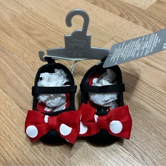 Disney Minnie Mouse Slipper Shoes Sz 6-12 mos Flats Dress Polka Dot Baby Girl - Picture 2 of 5